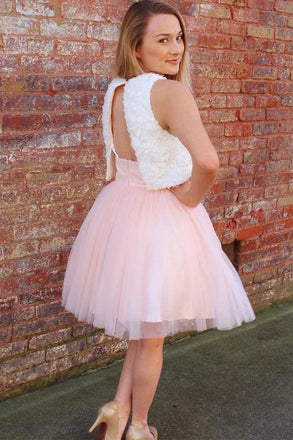 Pink A Line Tulle Short Homecoming Dress with White Lace Top DMB31