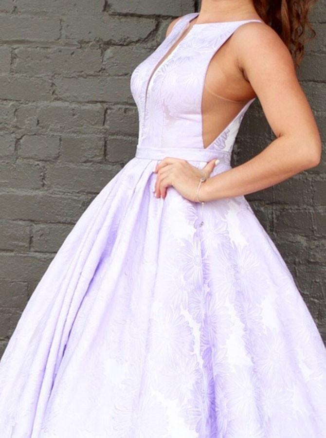 A-Line Floor-Length Lilac Printed Prom Dress, Simple Long Evening Dresses DMJ12