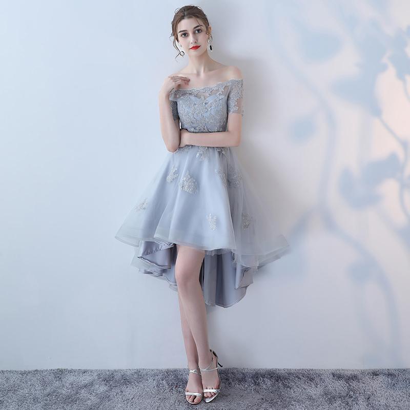 Off the Shoulder Organza A Line High Low Short Sleeves Lace Top Homecoming Dresses DMC8
