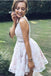 A-Line V-Neck Mini White Lace Homecoming Dress with Beading,Graduation Dresses DMB17