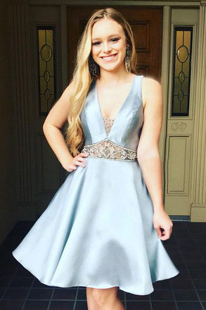 A-Line V-neck Light Blue Satin Homecoming Dress with Beading DMM18