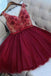 Cute A-Line V Neck Lace Up Short Burgundy Tulle Homecoming Dress with Appliques OKC46