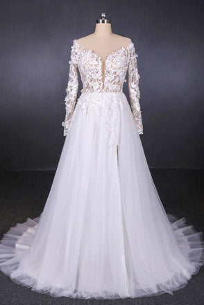 A Line Tulle Lace Appliques Long Sleeves Wedding Dress, Cheap Bridal Dresses DMQ28