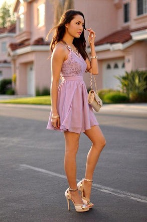 Cute A-Line Spaghetti Straps Short Purple Chiffon Homecoming Dress with Lace Top DMA98