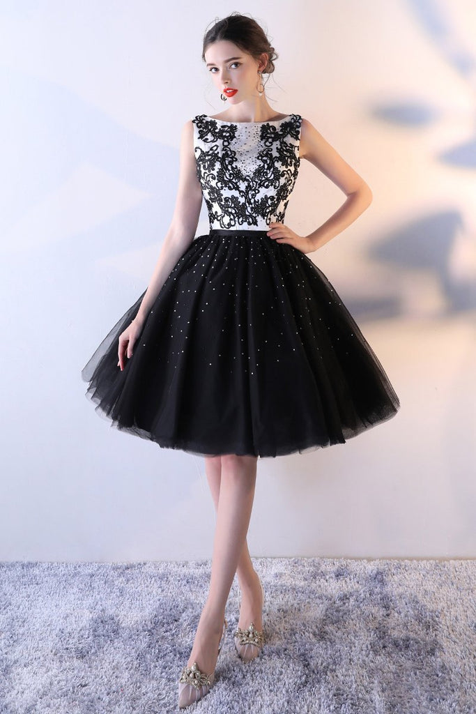 Black Tulle A Line Beading Short Bateau Homecoming Dresses With Lace Top DMC7