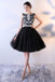 Black Tulle A Line Beading Short Bateau Homecoming Dresses With Lace Top DMC7