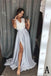 A-Line V-Neck Elastic Satin Long Split Prom Dress with Lace Top DMB23