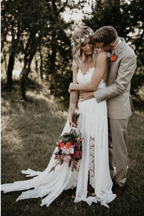 Sheath Spaghetti Straps Backless Hi-Low Lace Boho Beach Wedding Dress DMK40