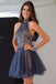 Cheap Short High Neck A-Line Beading Tulle Homecoming Dresses DMC86