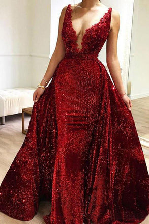 Burgundy Sequins Long V Neck Prom Dresses Lace Evening Dresses DMP1
