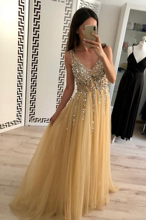 Charming A Line Tulle V Neck Floor Length Prom Dresses Beads Sequins DMJ24