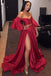 A-Line Off the Shoulder Red Split Front Long Prom Dress with Belt Sleeves DMH8