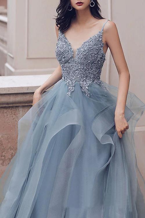 Deep V Neck Appliqued Spaghetti Straps Multi-Layered Organza Blue Bridal Dresses DMS11