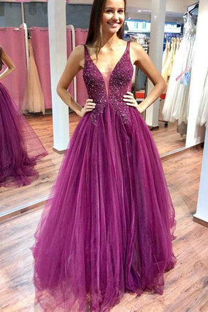 A Line Purple Tulle Beading Long Prom Dresses with Appliques DMH93