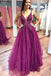A Line Purple Tulle Beading Long Prom Dresses with Appliques DMH93