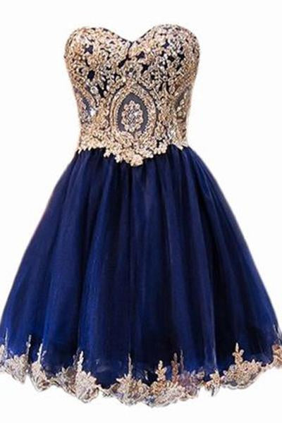 A Line Short Blue Gold Lace Appliques Prom Dresses Homecoming Dresses DMF58