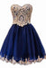 A Line Short Blue Gold Lace Appliques Prom Dresses Homecoming Dresses DMF58
