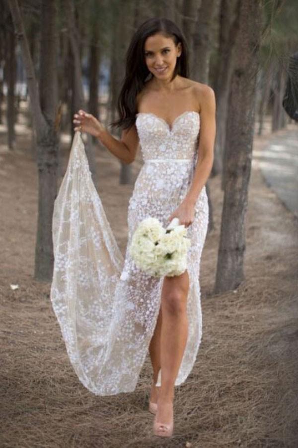 Sexy Sweetheart Asymmetry Lace Long Casual Wedding Dress with Slit DMB08