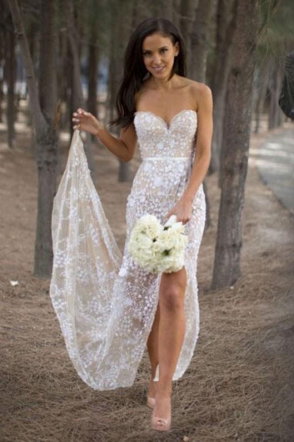 Sexy Sweetheart Asymmetry Lace Long Casual Wedding Dress with Slit Demodresses Sexy Sweetheart Asymmetry Lace Long Casual Wedding Dress with Slit Demodresses