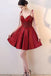 Burgundy V Neck A Line Satin Straps Short Homecoming Dresses DMC30