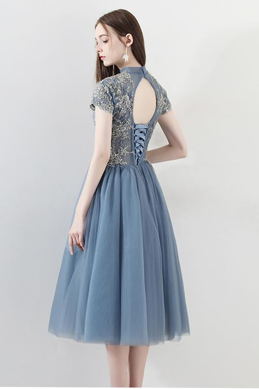 Blue A Line Tulle Short Sleeves High Neck Appliques Homecoming Dresses DMC5