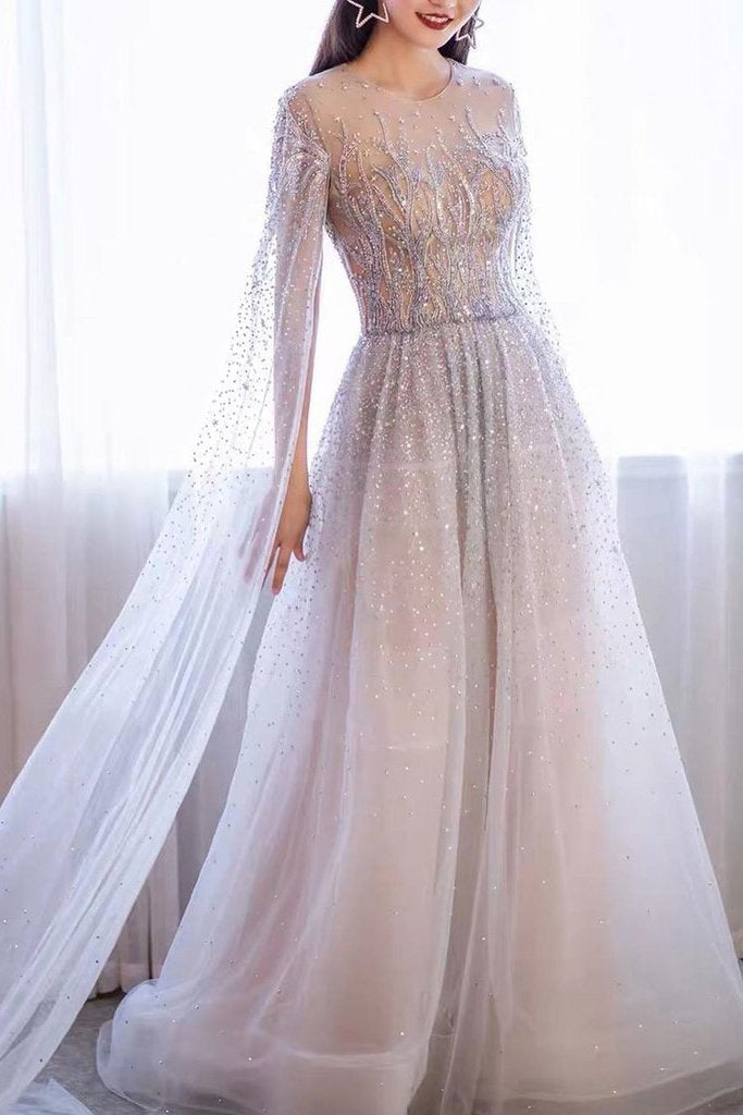 A-line Round Beaded Long Prom Dresses Charming Formal Gowns DMS70