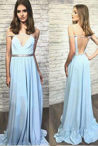 Modest V-neck A-line Sky Blue Chiffon Long Backless Prom Dress DMB46