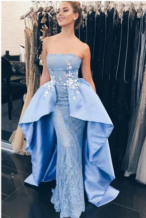 Modest Light Blue Strapless Satin Mermaid Prom Dresses With Lace appliques DMB30