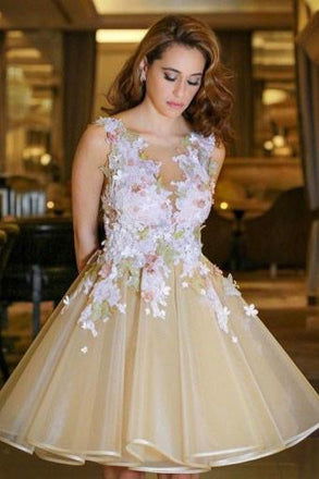 A-Line Scoop Backless Short Sleeveless Organza Homecoming Dress with Appliques DM228