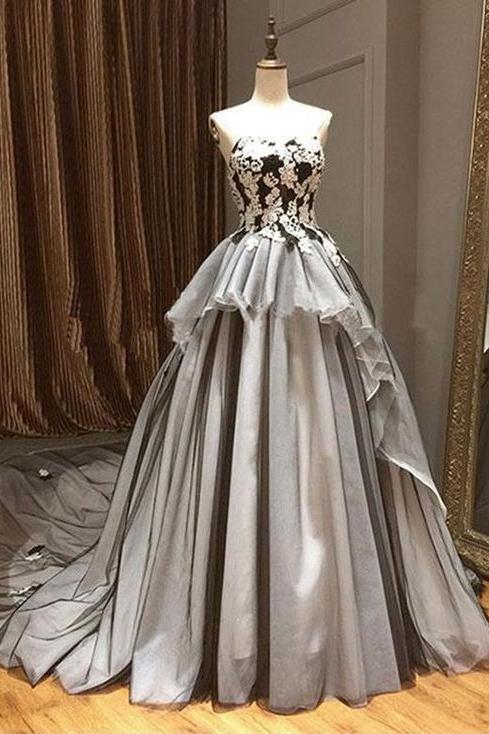 Vintage A Line Strapless Gray Cheap Appliques Long Prom Dress DMF69