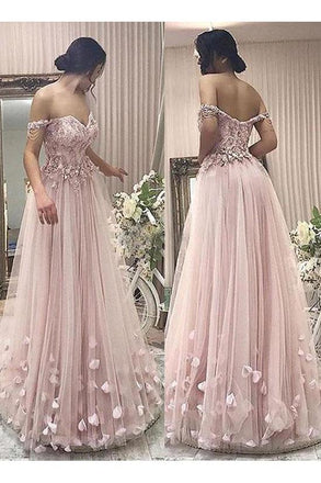 Pink Tulle A Line Off the Shoulder Flowers Long Prom Dress DM789