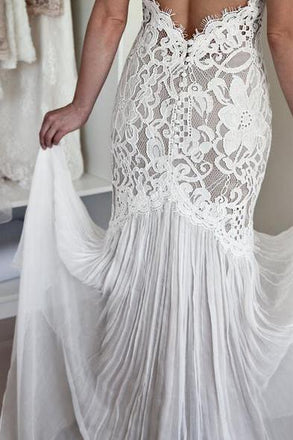 Mermaid Lace Unique Flowy Keyhole Back Long Wedding Dresses DM800