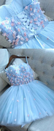 A-Line Sweetheart Short Blue Tulle Homecoming Dress with Appliques DMD12