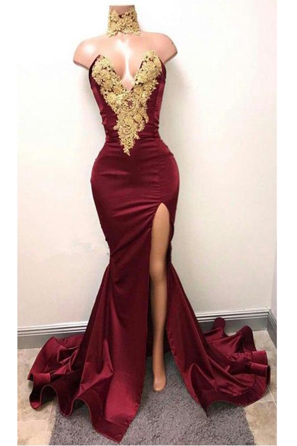 Elegant Burgundy Mermaid Appliques High Neck Split Sexy Prom Dress DMA83