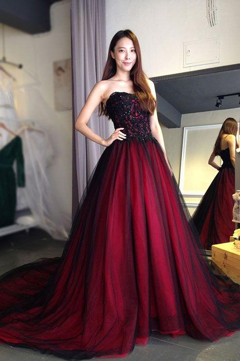 Burgundy Lace Tulle A Line Strapless Long Prom Dress Demodresses Burgundy Lace Tulle A Line Strapless Long Prom Dress Demodresses