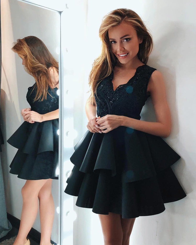 V Neck Lace Short Satin Layered A-Line Knee Length Short Prom Dresses,Homecoming Dresses DMC15