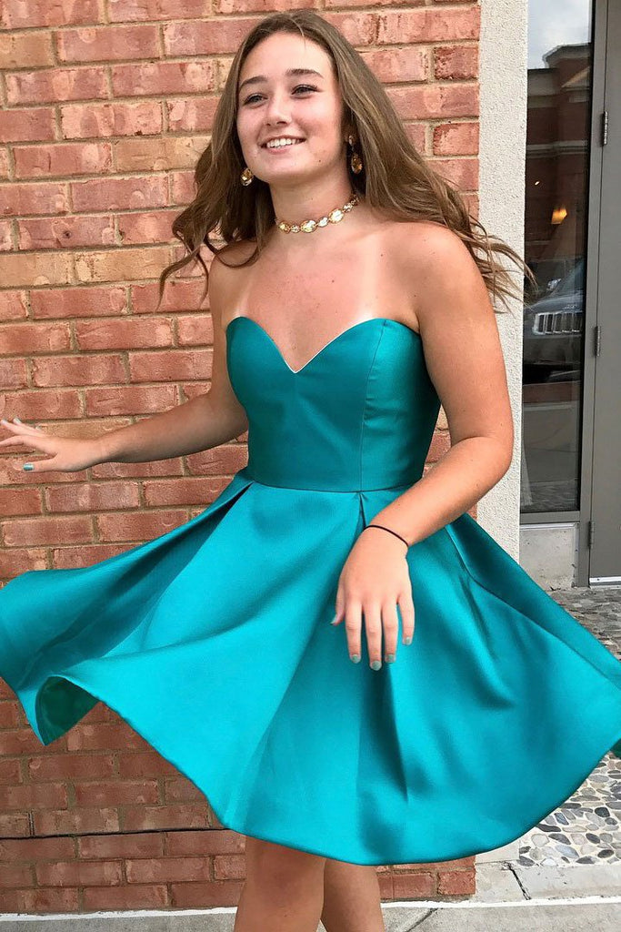 Simple A Line Short Strapless Sweetheart Neck Satin Cheap Homecoming Dresses DMB69