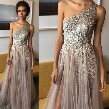 One Shoulder Tulle A Line Shinning Side Split Elegant Long Prom Dresses DMA81