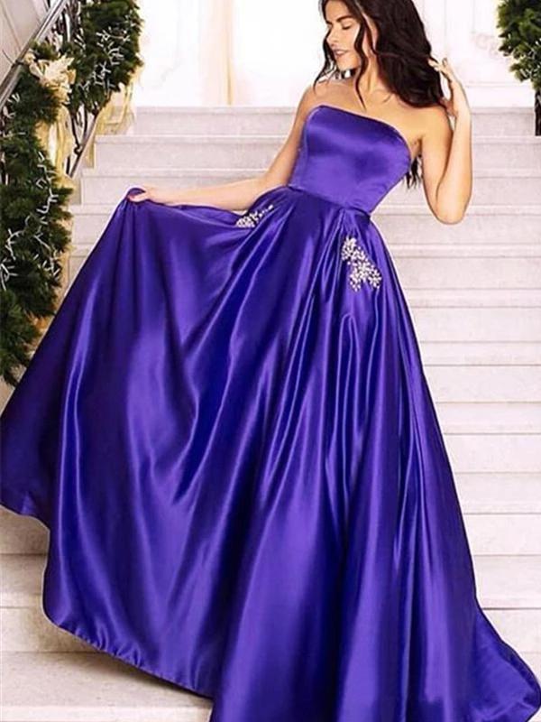 Gorgeous Strapless A-Line Purple Sleeveless Long Prom Dresses DMN6