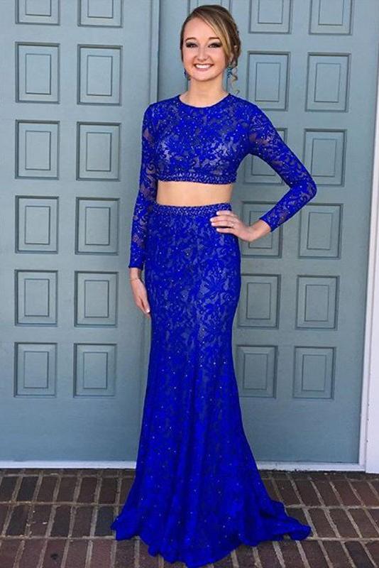 Beaded Two Pieces Lace Prom Dresses, Mermaid Royal Blue Prom Dresses Beaded Two Pieces Lace Prom Dresses, Mermaid Royal Blue Prom Dresses