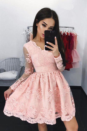 Cheap A-Line V-Neck Long Sleeves Short Pink Lace Homecoming Dress with Appliques DMB37