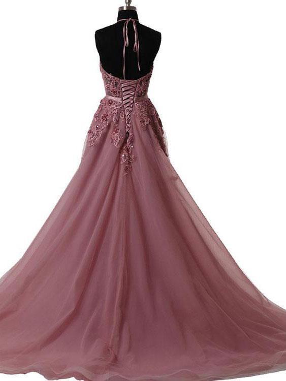 Halter Dusty Red Lace Appliques Tulle A line Long Prom Dresses DMA86