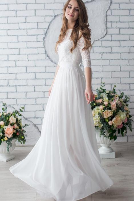 White Long Half Sleeve Chiffon Wedding Dress,Lace Beach Floor-Length Bridal Dress DM618