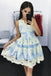 Beautiful A-Line V-Neck Short Blue Homecoming Dress with Lace Appliques DMB35
