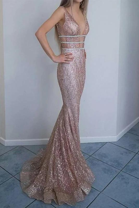 Mermaid V-Neck Backless Glitter Formal Evening Prom Dresses DMN5