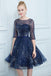 A Line Dark Blue Homecoming Dresses, Short Half Sleeves Prom Dress DMN64