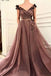 A Line V Neck Cap SleevesBrown Long Flowers Prom Dresses With Pockets DMR10