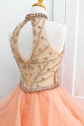 Charming High Neck Ruffle Beading Ball Gown Long Formal Prom Dress DM629