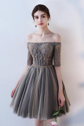A Line Half Sleeves Off the Shoulder Homecoming Dresses, Short Appliques Prom Dress DMN62