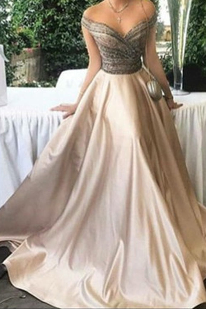 Elegant A-Line Off-Shoulder Long Ball Gown Satin Prom/Evening Dress stunning DM143